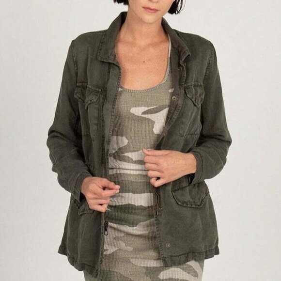 Monrow Jacket Military Style Womens Medium Green Linen Blend Utility Snap Button - Picture 5 of 5